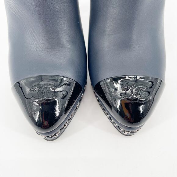 Chanel EU 38 Navy Leather Ankle Boots Patent Cap Toe Chain Platform Booties - Picture 6 of 14
